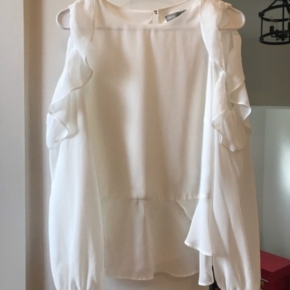 Asos White Ruffled Blouse‎ Cold Shoulder Tiered Long Sleeve Gold Buttons Size 10 - Picture 5 of 16